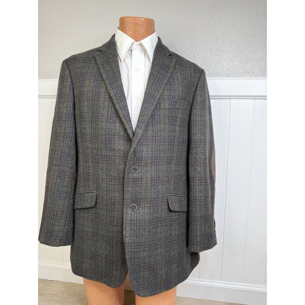 Joseph Abboud Wool Elbow Patch Blazer Jacket Men's Olive Blue Plaid- 44 Regular